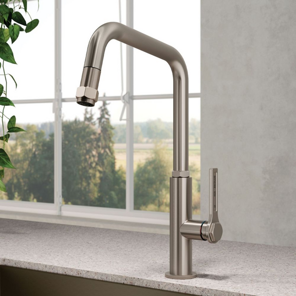 Gessi Officine Square Goose Neck Pull Out Mixer Brushed Nickel