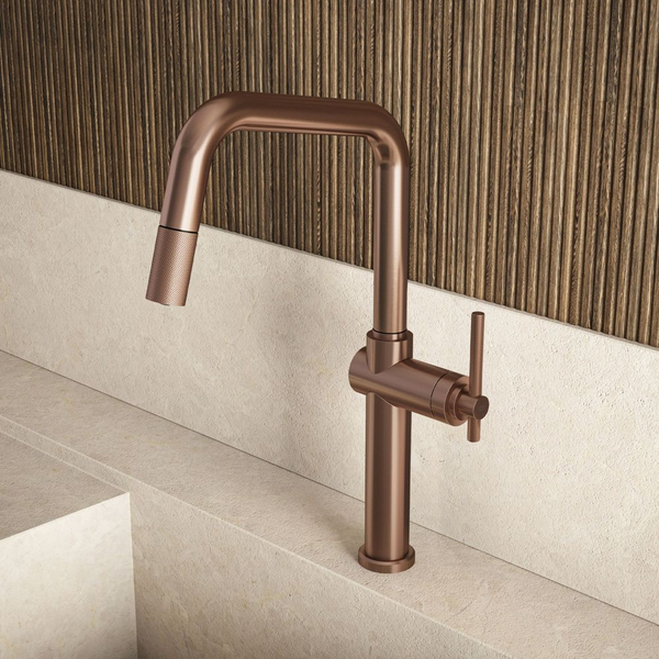 Gessi Habito Square Goose Neck Pull Out Mixer Brushed Copper