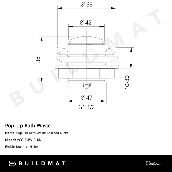 Oliveri Pop-Up Bath Waste Brushed Nickel