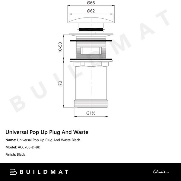 Oliveri Universal Pop Up Plug And Waste Black