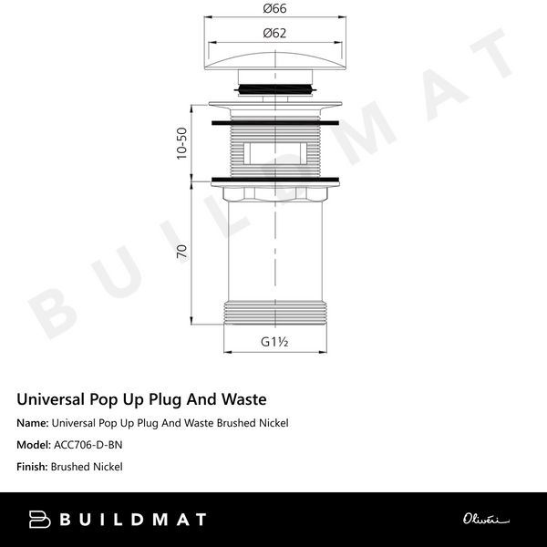 Oliveri Universal Pop Up Plug And Waste Brushed Nickel