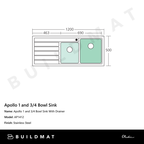 Oliveri Apollo 1 And 3/4 Bowl Sink With Left Drainboard Stainless Steel