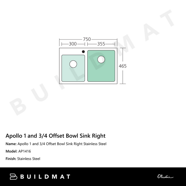 Oliveri Apollo 1 And 3/4 Offset Bowl Sink Stainless Steel