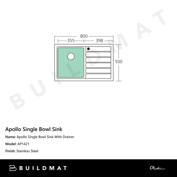 Oliveri Apollo Single Bowl Sink With Right Drainboard Stainless Steel
