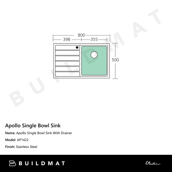 Oliveri Apollo Single Bowl Sink With Left Drainboard Stainless Steel