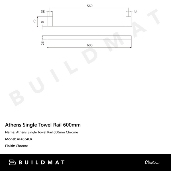 Oliveri Athens Single Towel Rail 600mm Chrome