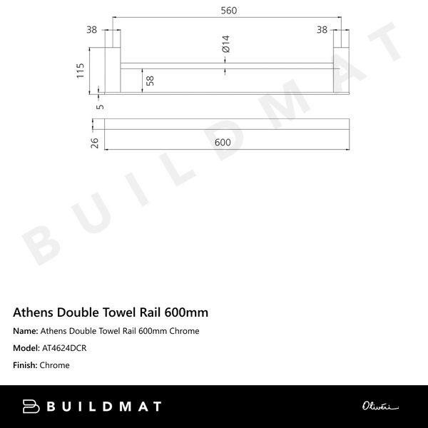 Oliveri Athens Double Towel Rail 600mm Chrome