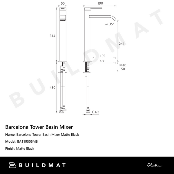 Oliveri Barcelona Tower Basin Mixer Matte Black