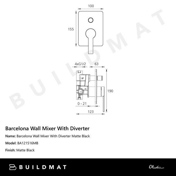 Oliveri Barcelona Wall Mixer With Diverter Matte Black