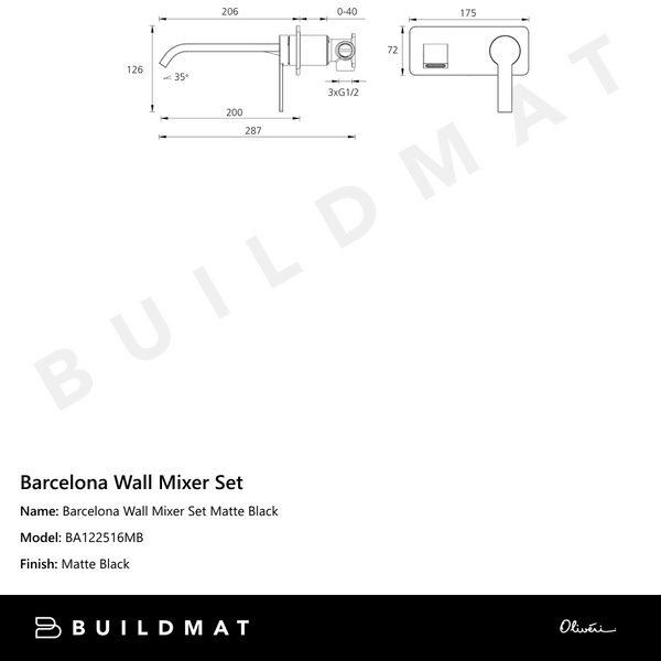 Oliveri Barcelona Wall Mixer Set Matte Black