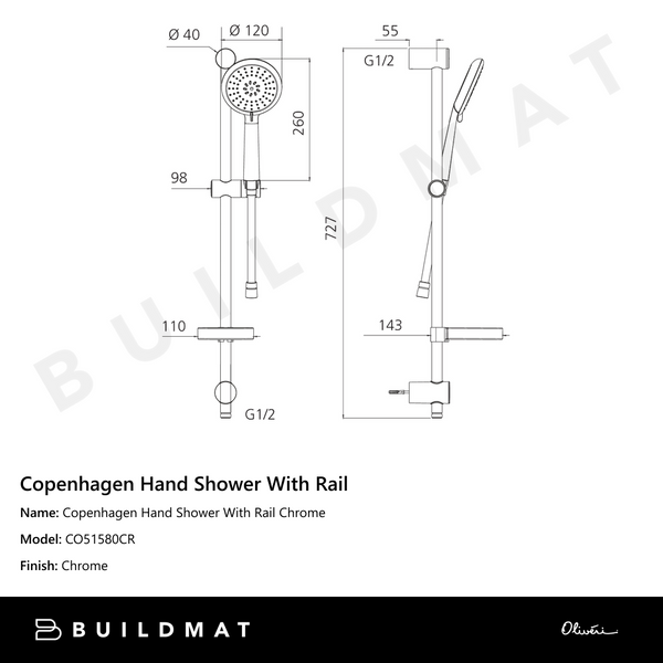 Oliveri Copenhagen Hand Shower With Rail Chrome