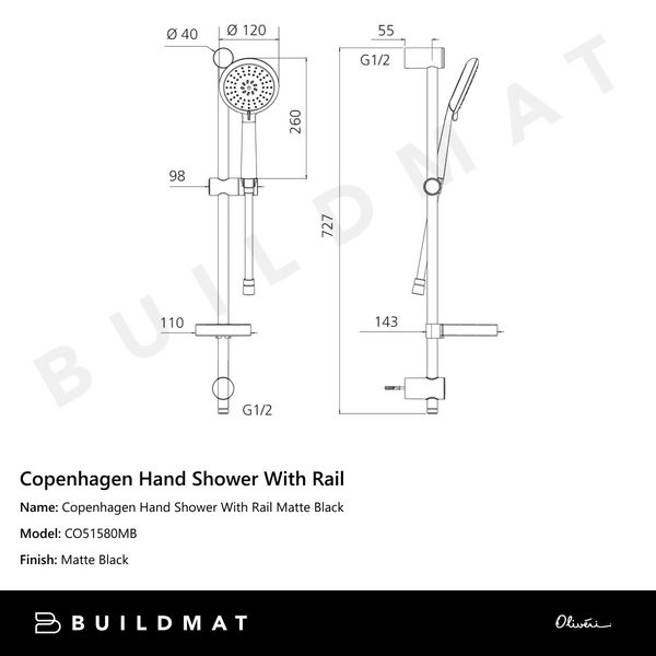 Oliveri Copenhagen Hand Shower With Rail Matte Black