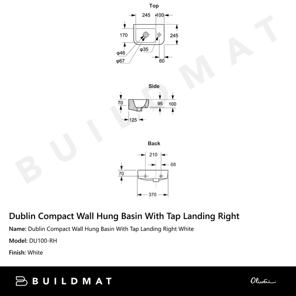 Oliveri Dublin Compact Wall Hung Basin With Tap Landing Right White
