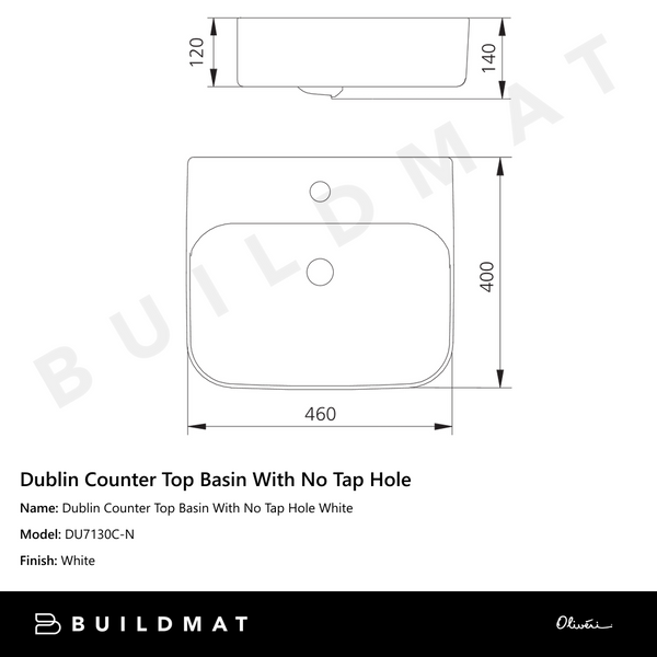 Oliveri Dublin Counter Top Basin With No Tap Hole White