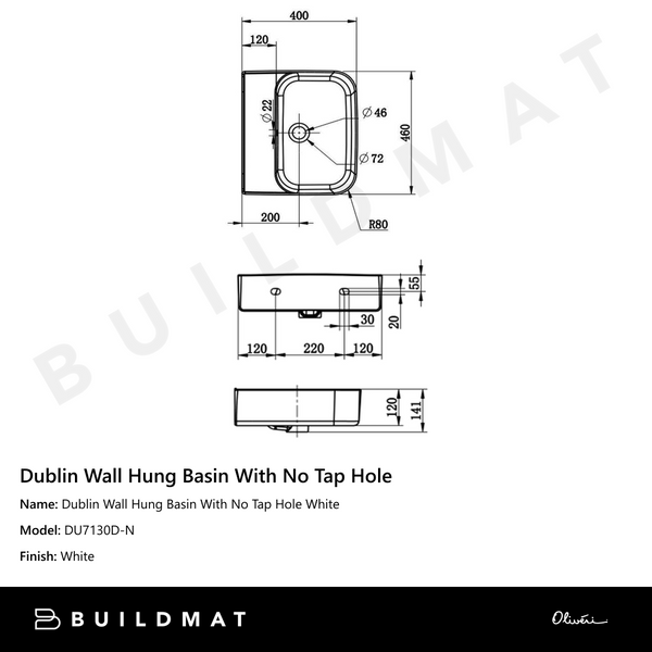 Oliveri Dublin Wall Hung Basin With No Tap Hole White