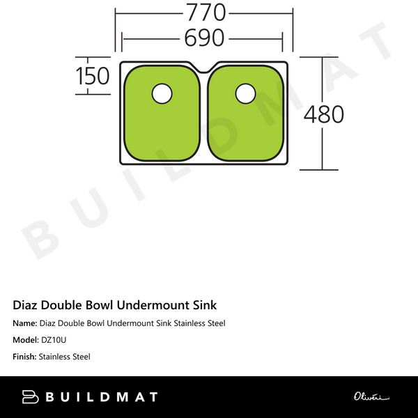 Oliveri Diaz Double Bowl Undermount Sink Stainless Steel