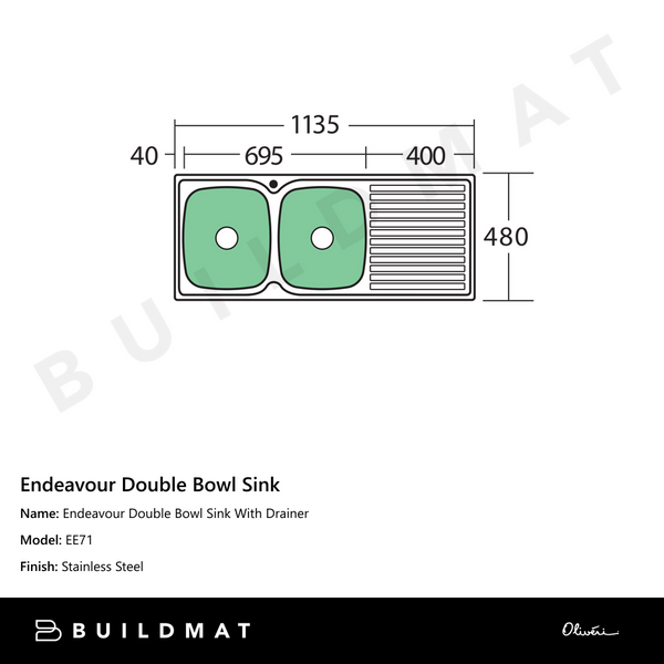 Oliveri Endeavour Double Bowl Sink With Right Drainboard Stainless Steel
