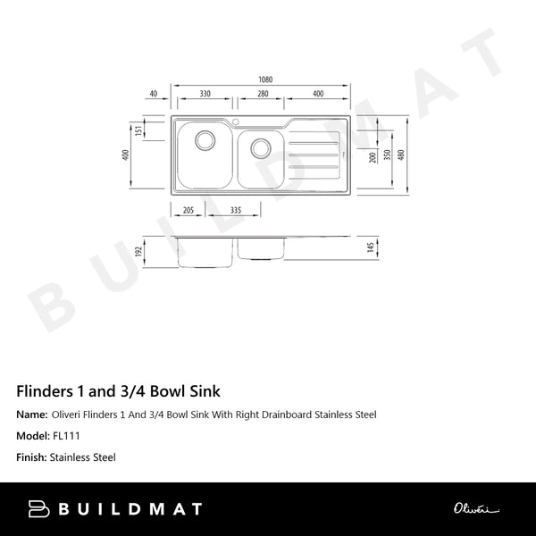 Oliveri Flinders 1 And 3/4 Bowl Sink With Right Drainboard Stainless Steel