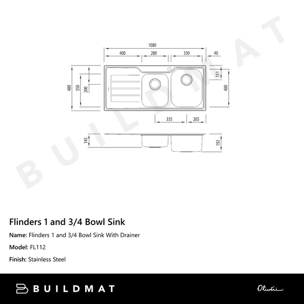 Oliveri Flinders 1 And 3/4 Bowl Sink With Left Drainboard Stainless Steel