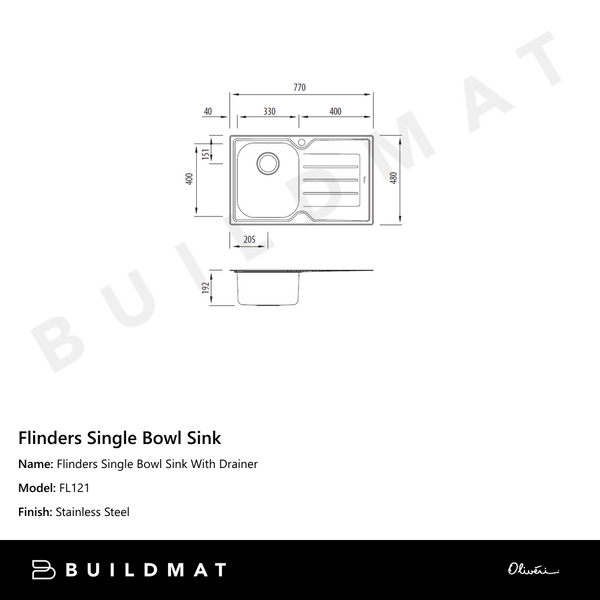 Oliveri Flinders Single Bowl Sink With Right Drainboard Stainless Steel