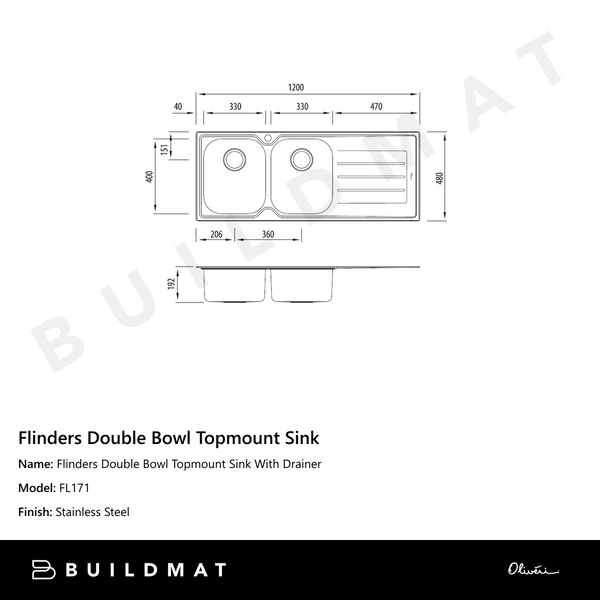 Oliveri Flinders Double Bowl Topmount Sink With Right Drainboard Stainless Steel