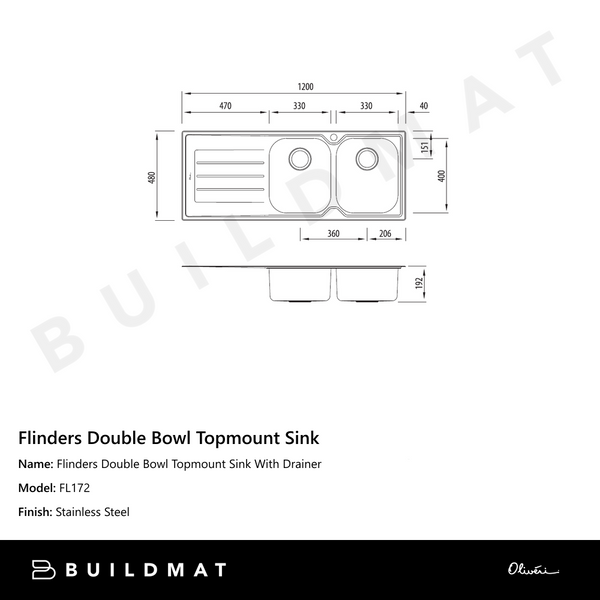 Oliveri Flinders Double Bowl Topmount Sink With Left Drainboard Stainless Steel