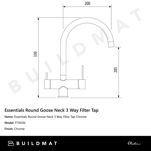 Oliveri Essentials Round Goose Neck 3 Way Filter Tap Chrome