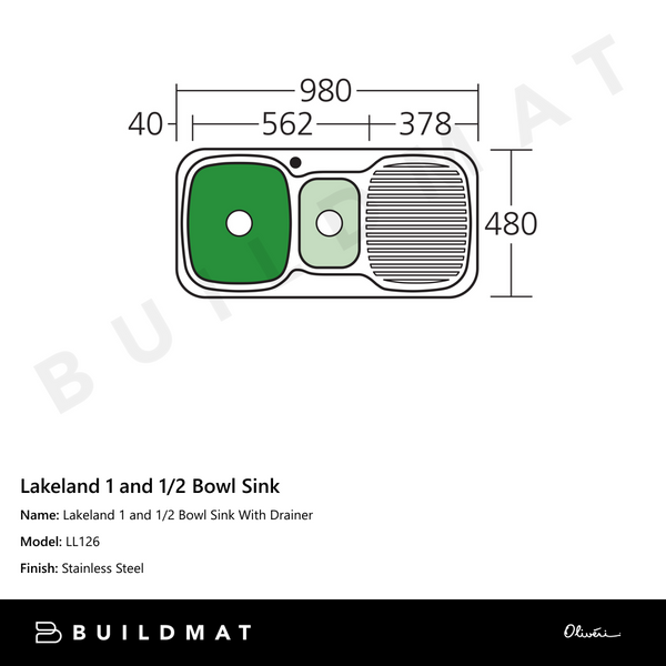 Oliveri Lakeland 1 And 1/2 Bowl Sink With Right Drainboard Stainless Steel