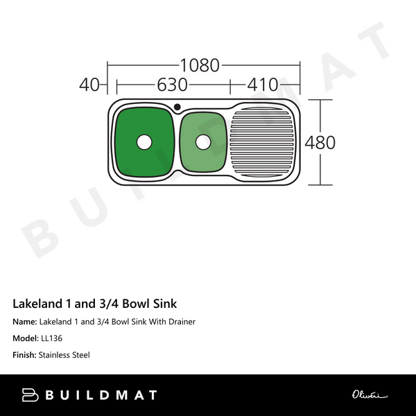 Oliveri Lakeland 1 And 3/4 Bowl Sink With Right Drainboard Stainless Steel