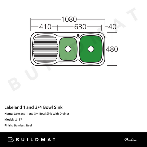 Oliveri Lakeland 1 And 3/4 Bowl Sink With Left Drainboard Stainless Steel