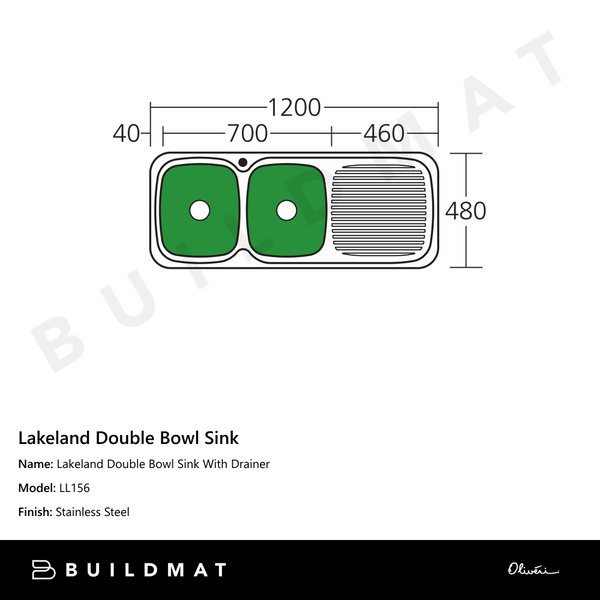 Oliveri Lakeland Double Bowl Sink With Right Drainboard Stainless Steel