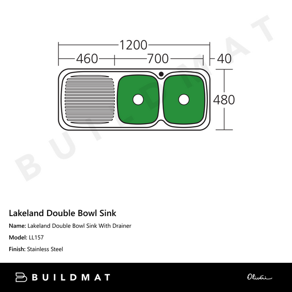 Oliveri Lakeland Double Bowl Sink With Left Drainboard Stainless Steel