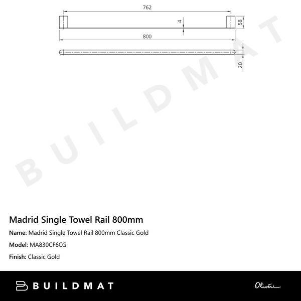 Oliveri Madrid Single Towel Rail 800mm Classic Gold