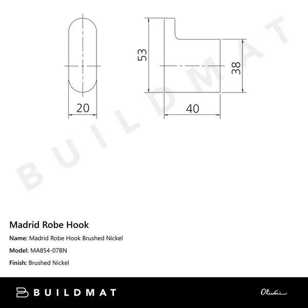 Oliveri Madrid Robe Hook Brushed Nickel