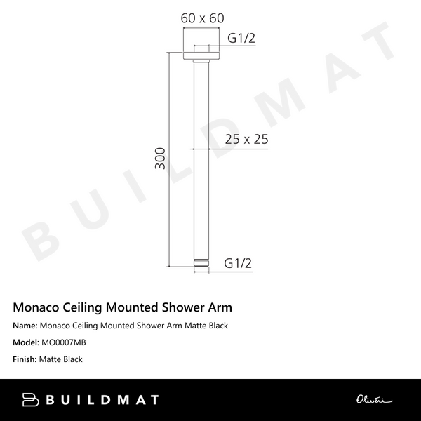 Oliveri Monaco Ceiling Mounted Shower Arm Matte Black