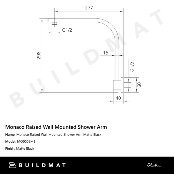 Oliveri Monaco Raised Wall Mounted Shower Arm Matte Black