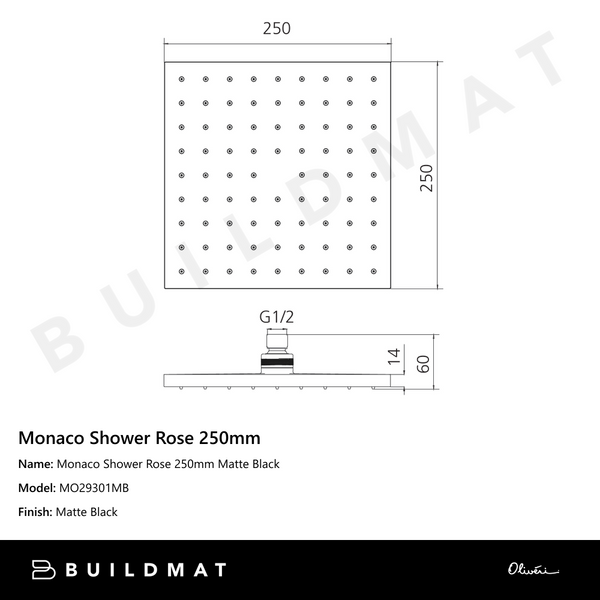 Oliveri Monaco Shower Rose 250mm Matte Black