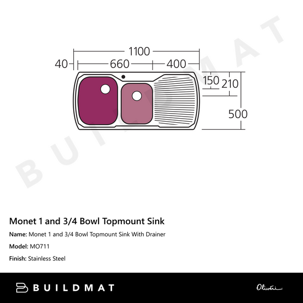 Oliveri Monet 1 And 3/4 Bowl Topmount Sink With Right Drainboard Stainless Steel