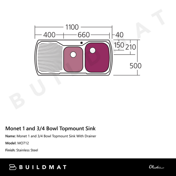 Oliveri Monet 1 And 3/4 Bowl Topmount Sink With Left Drainboard Stainless Steel