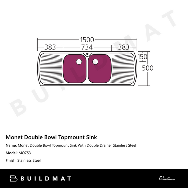 Oliveri Monet Double Bowl Topmount Sink With Double Drainer Stainless Steel