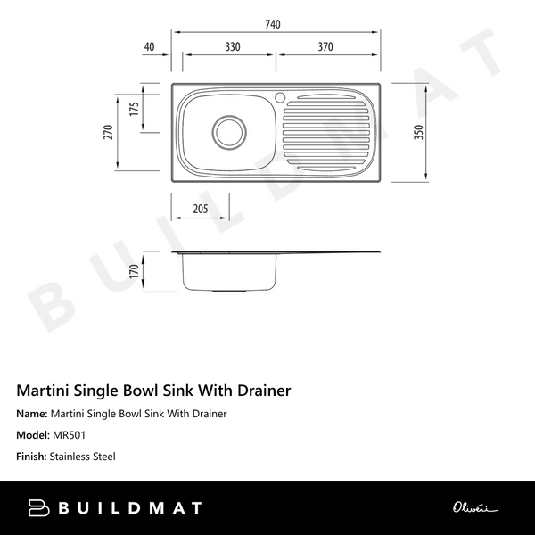 Oliveri Martini Single Bowl Sink With Right Drainboard Stainless Steel
