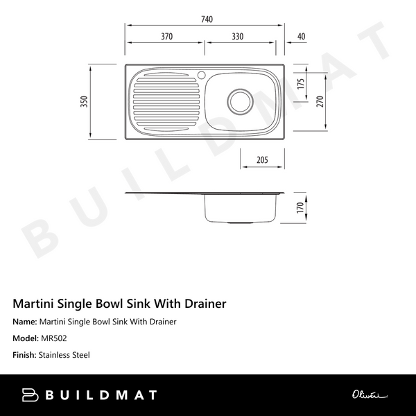 Oliveri Martini Single Bowl Sink With Left Drainboard Stainless Steel