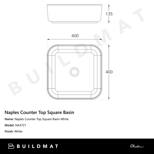 Oliveri Naples Counter Top Square Basin White