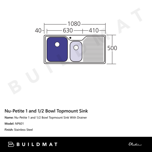Oliveri Nu-Petite 1 And 1/2 Bowl Topmount Sink With Right Drainboard Stainless Steel