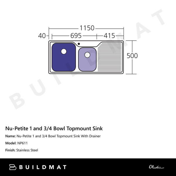 Oliveri Nu-Petite 1 And 3/4 Bowl Topmount Sink With Right Drainboard Stainless Steel