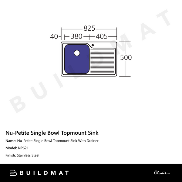 Oliveri Nu-Petite Single Bowl Topmount Sink With Right Drainboard Stainless Steel