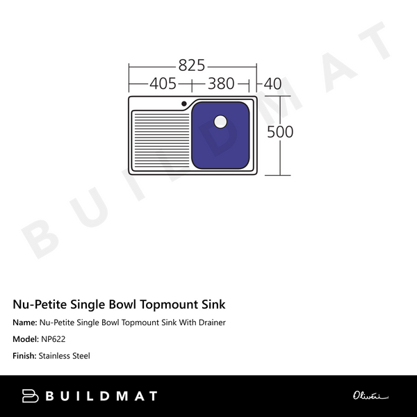 Oliveri Nu-Petite Single Bowl Topmount Sink With Left Drainboard Stainless Steel