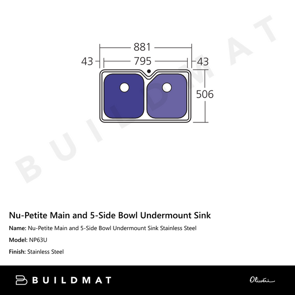 Oliveri Nu-Petite Main And 5-Side Bowl Undermount Sink Stainless Steel