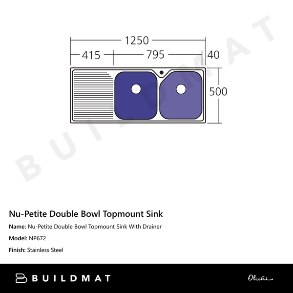 Oliveri Nu-Petite Double Bowl Topmount Sink With Left Drainboard Stainless Steel