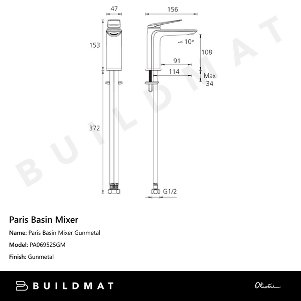Oliveri Paris Basin Mixer Gunmetal